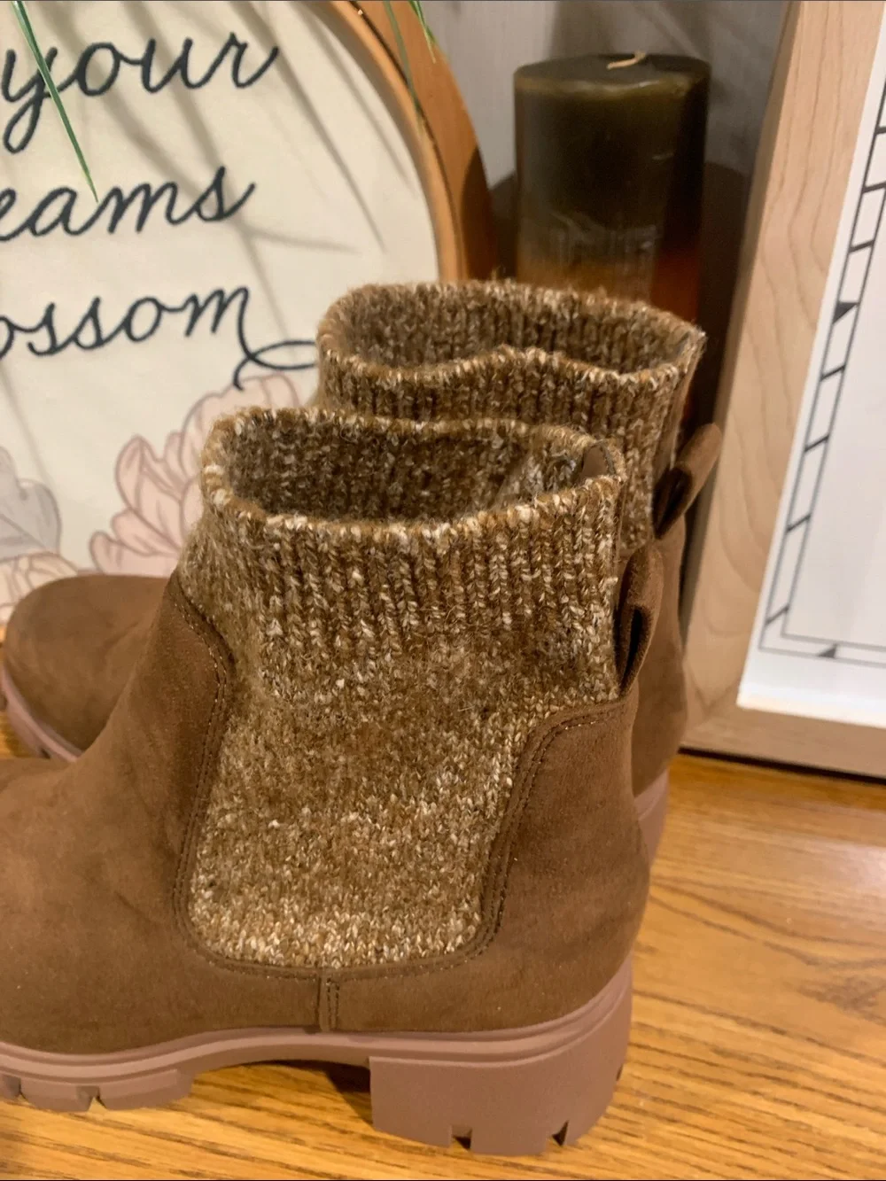 Women's Brown Suede Chunky Chelsea Boot with Knit Collar